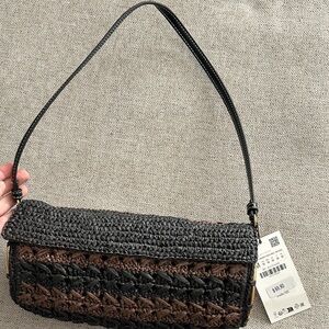 Zara 6217/510 Black and Brown Gold Woven Shoulder Bag Raffia